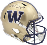 Michael Penix Jr. Autographed Washington Huskies Gold Full Size Speed Replica Helmet Beckett BAS Witness Stock #242565