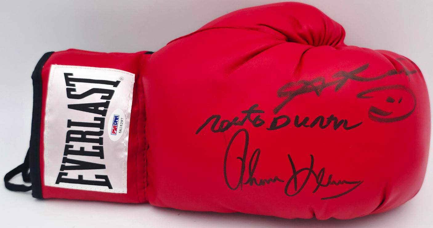 Sugar Ray Leonard, Roberto Duran & Thomas "Hitman" Hearns Autographed Red Everlast Boxing Glove PSA/DNA Stock #243605