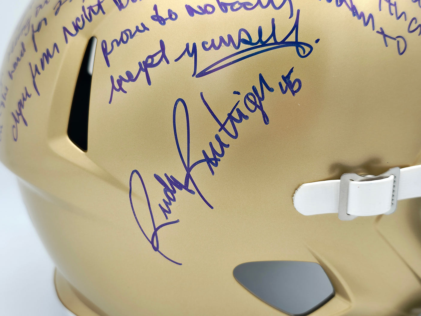 Rudy Ruettiger Autographed Notre Dame Fighting Irish Gold Full Size Replica Speed Helmet Full Movie Speech Beckett BAS Witness Stock #243661