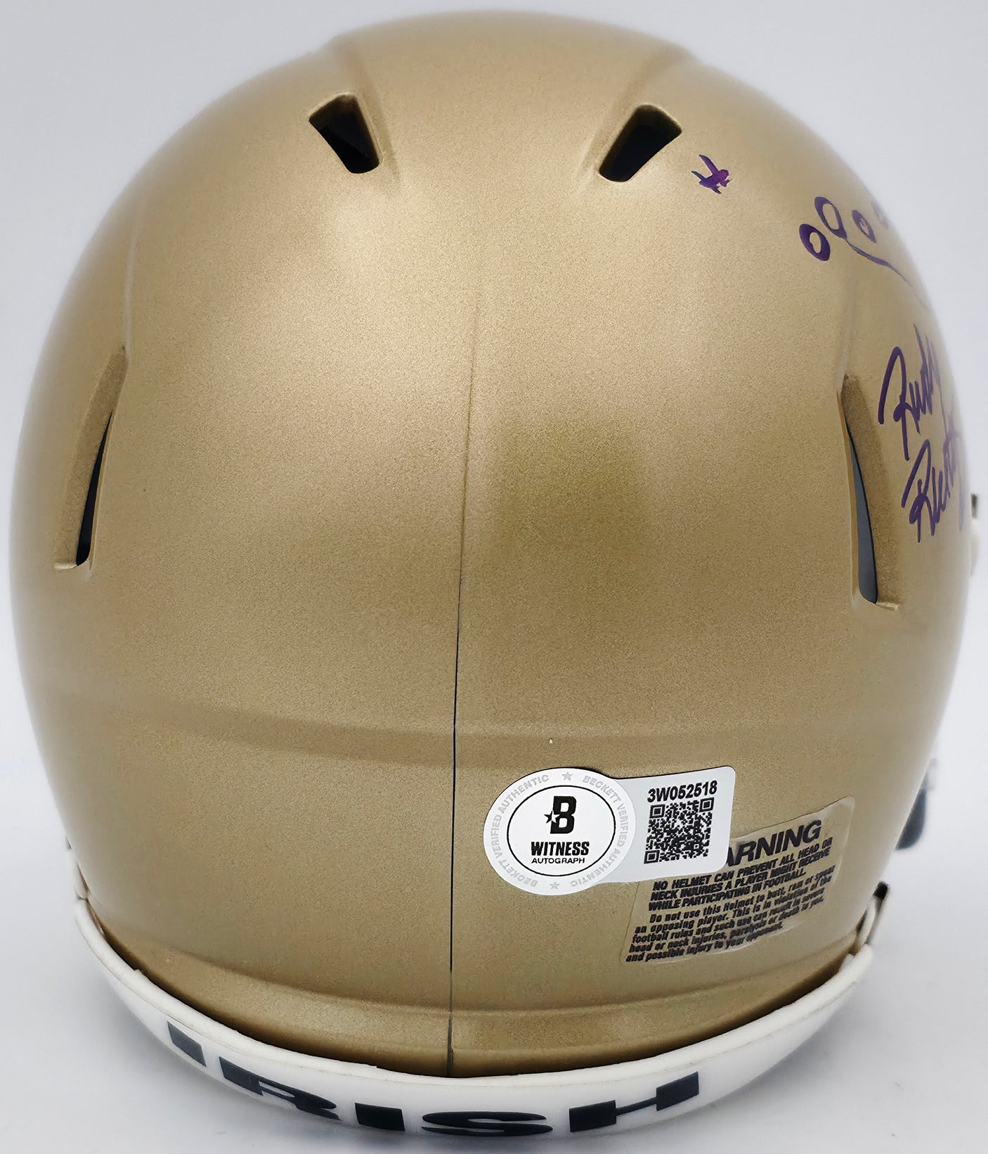 Rudy Ruettiger Autographed Notre Dame Fighting Irish Gold Speed Mini Helmet "Play Sketch" Beckett BAS Witness Stock #244039