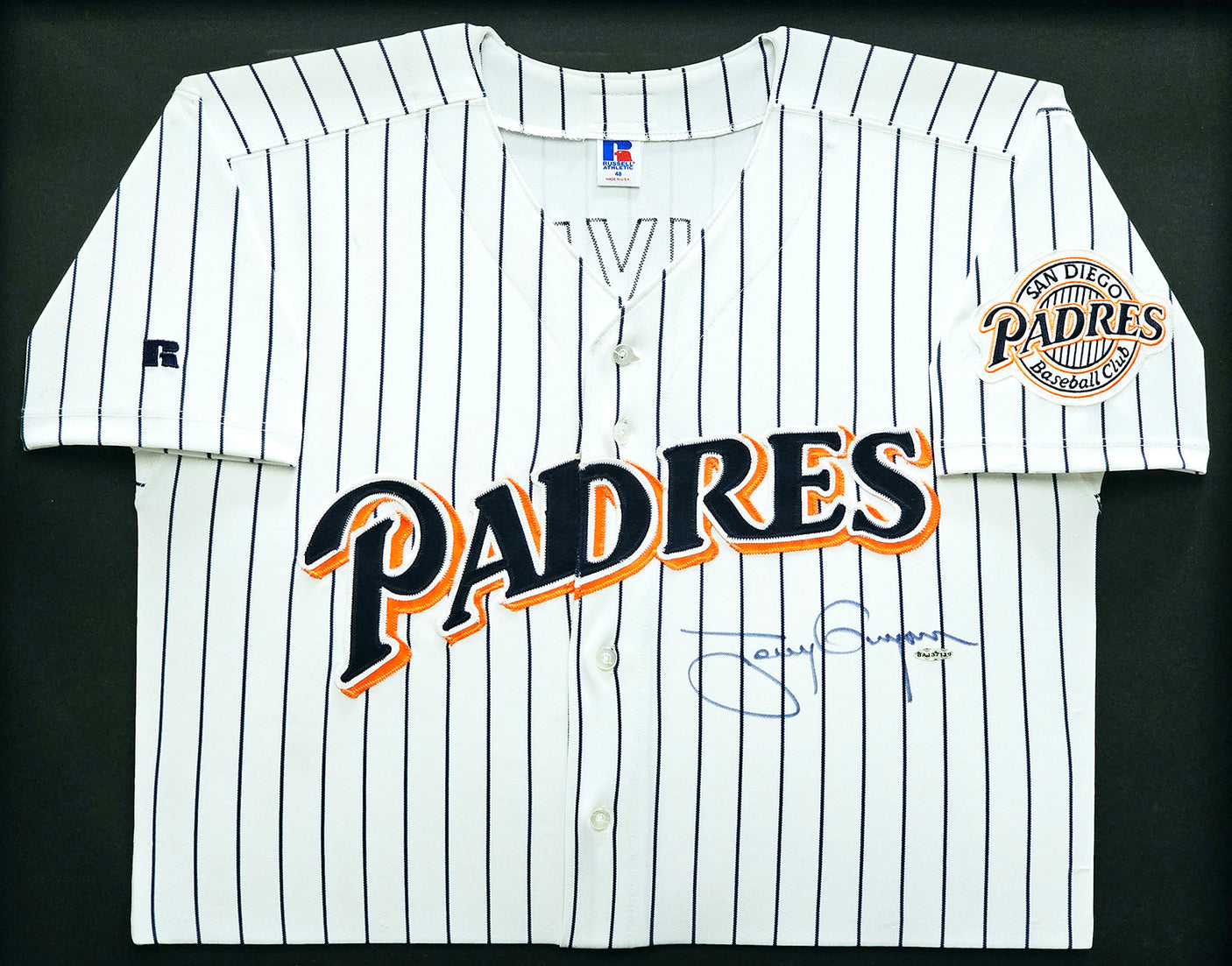 San Diego Padres Tony Gwynn Autographed Framed White Pinstripes Russell Jersey UDA Holo & Beckett BAS #AB93862
