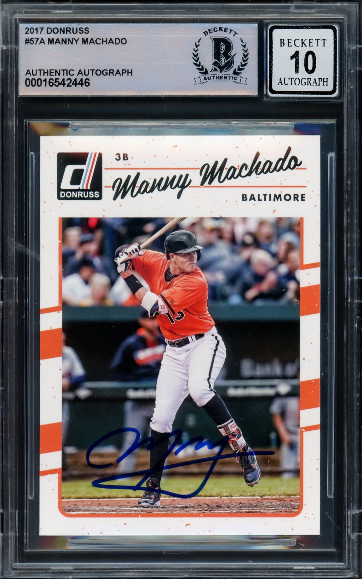 Manny Machado Autographed 2017 Donruss Card #57 Baltimore Orioles Auto Grade Gem Mint 10 Beckett BAS #16542446