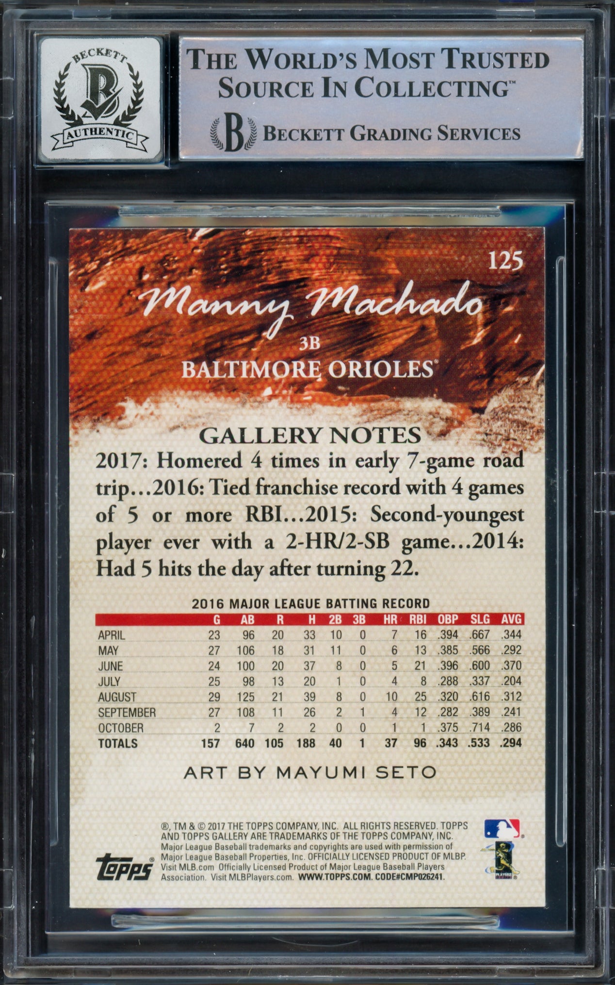 Manny Machado Autographed 2017 Topps Gallery Card #125 Baltimore Orioles Auto Grade Gem Mint 10 Beckett BAS #16542498
