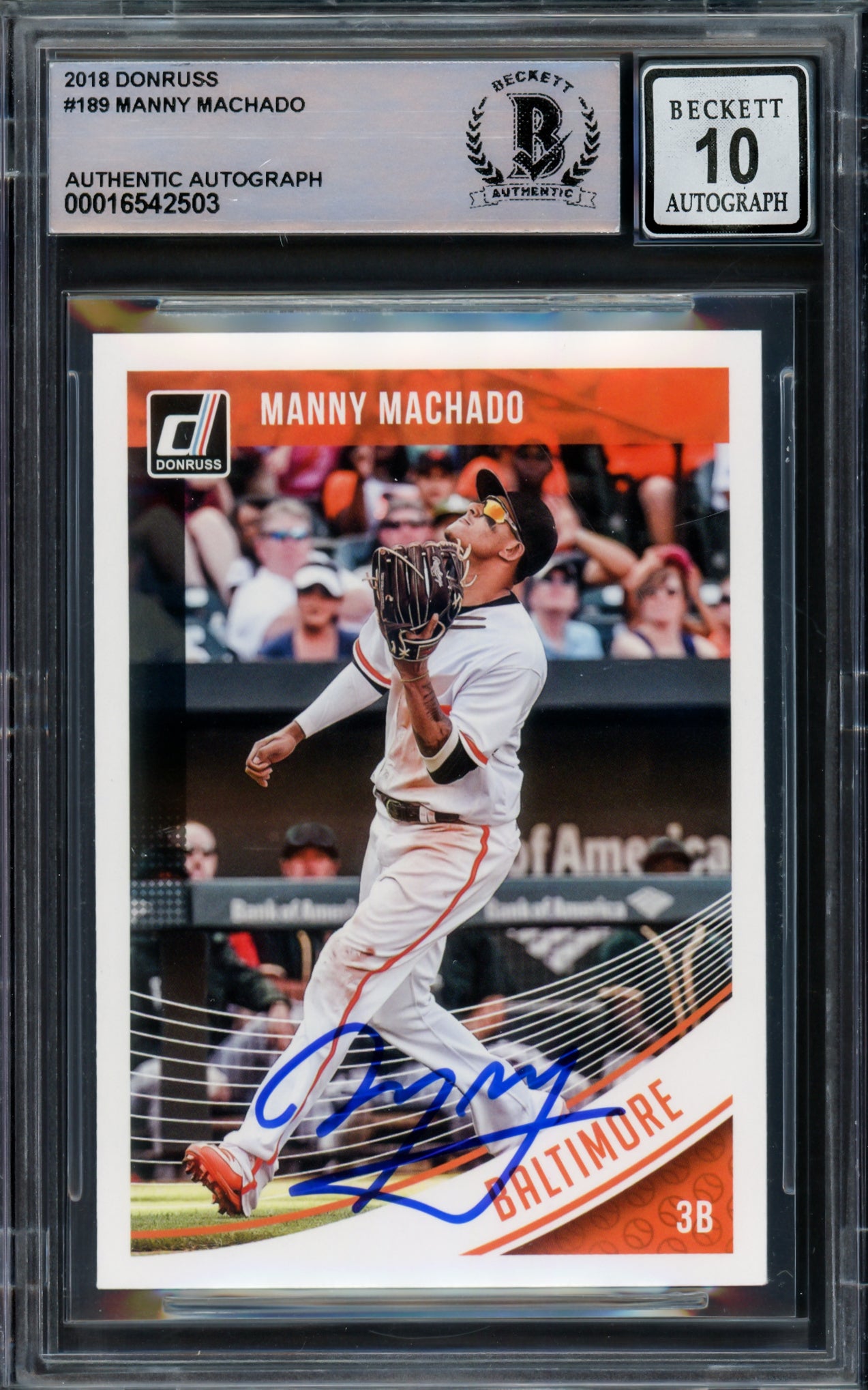 Manny Machado Autographed 2018 Donruss Card #189 Baltimore Orioles Auto Grade Gem Mint 10 Beckett BAS #16542503