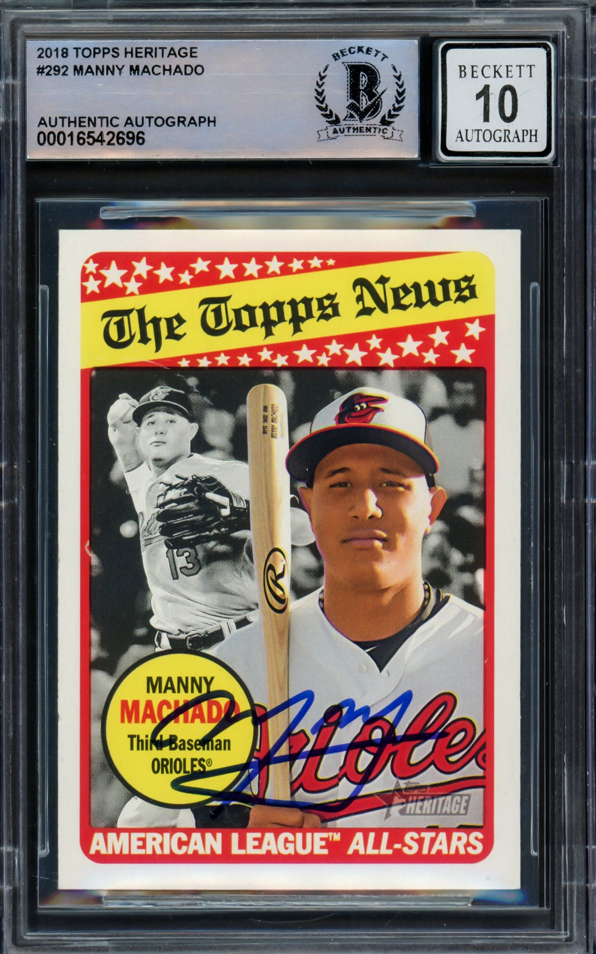 Manny Machado Autographed 2018 Topps Heritage Card #292 Baltimore Orioles Auto Grade Gem Mint 10 Beckett BAS #16542696