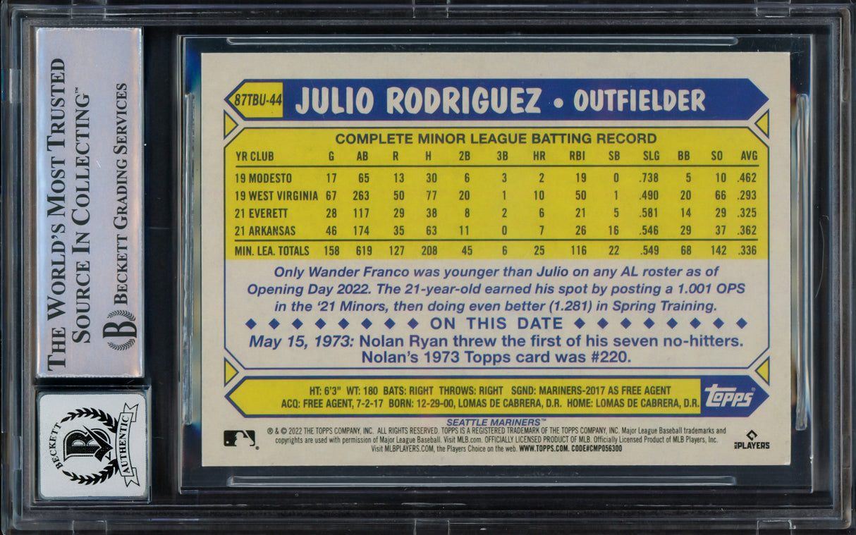 Julio Rodriguez Autographed 2022 Topps Update 35th Anniversary Rookie Card #87TBU-44 Seattle Mariners Auto Grade Gem Mint 10 Beckett BAS #16544040