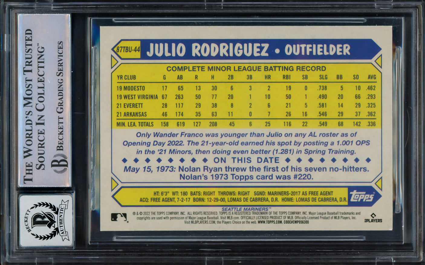 Julio Rodriguez Autographed 2022 Topps Update 35th Anniversary Rookie Card #87TBU-44 Seattle Mariners Auto Grade Gem Mint 10 Beckett BAS #16544040