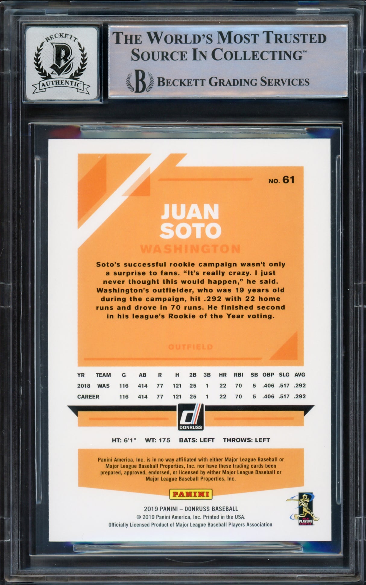 Juan Soto Autographed 2019 Donruss Variation Card #61 New York Mets Auto Grade Gem Mint 10 Beckett BAS #16544360