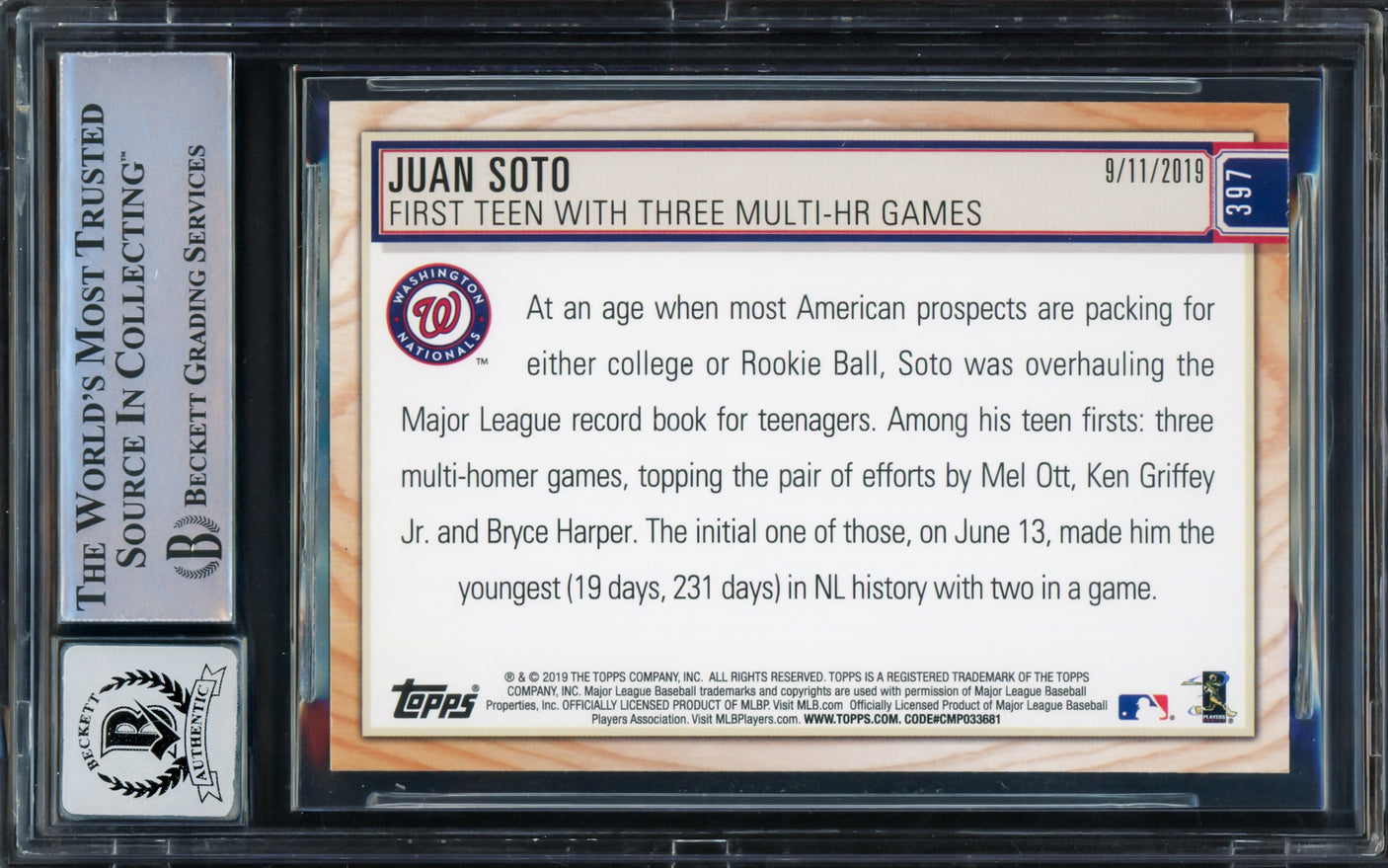 Juan Soto Autographed 2019 Topps Big League Card #397 New York Yankees Auto Grade Gem Mint 10 Beckett BAS #16544365