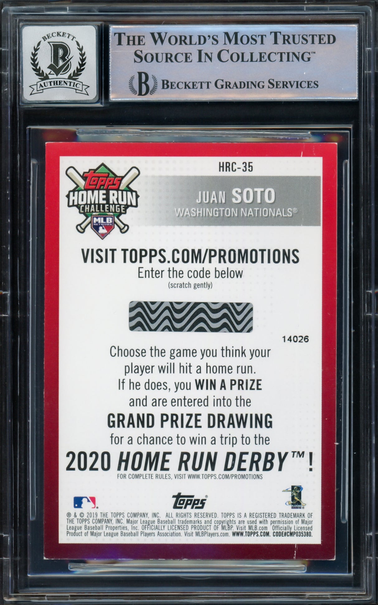 Juan Soto Autographed 2019 Topps Home Run Challenge Card #HRC35 New York Yankees Auto Grade Gem Mint 10 Beckett BAS #16544368