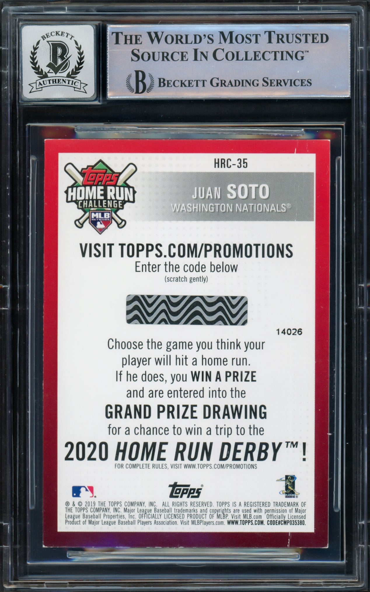 Juan Soto Autographed 2019 Topps Home Run Challenge Card #HRC35 New York Yankees Auto Grade Gem Mint 10 Beckett BAS #16544368