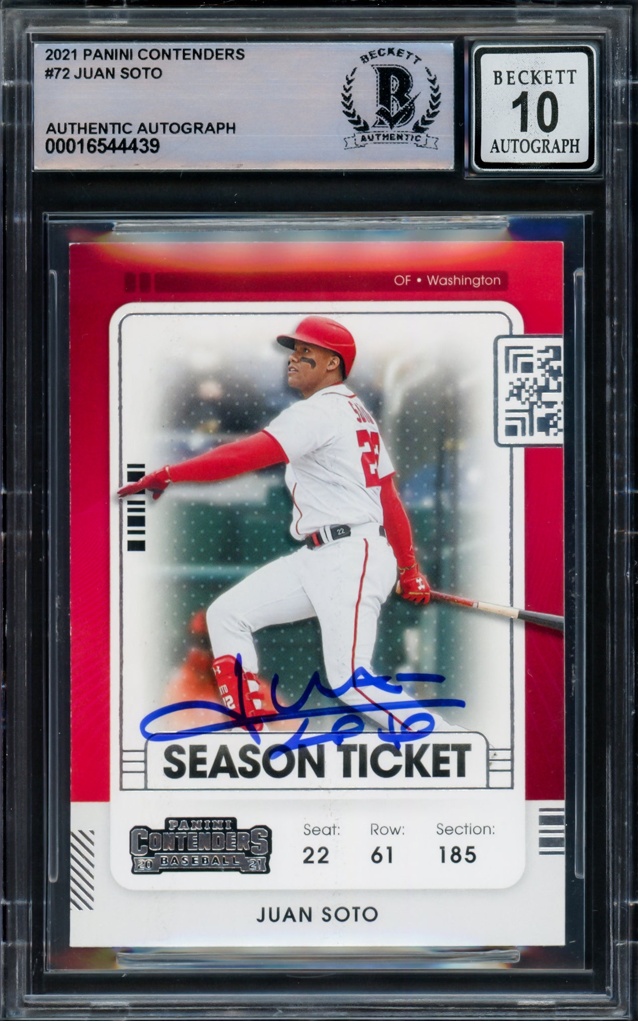 Juan Soto Autographed 2021 Panini Contenders Card #72 New York Yankees Auto Grade Gem Mint 10 Beckett BAS #16544439