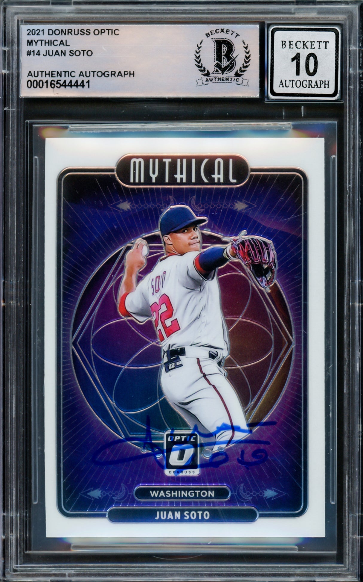 Juan Soto Autographed 2021 Donruss Optic Mythical Card #M14 New York Mets Auto Grade Gem Mint 10 Beckett BAS #16544441