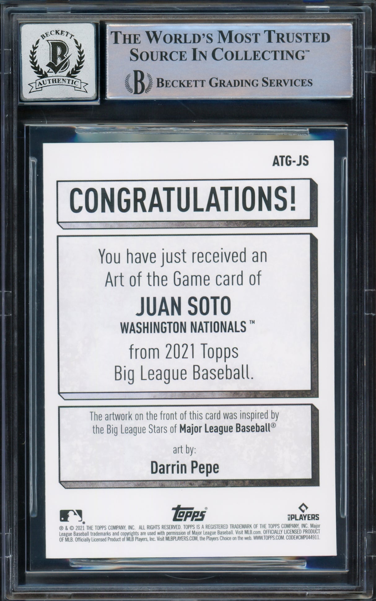 Juan Soto Autographed 2021 Topps Big League Card #ATG-JS New York Mets Auto Grade Gem Mint 10 Beckett BAS #16544552