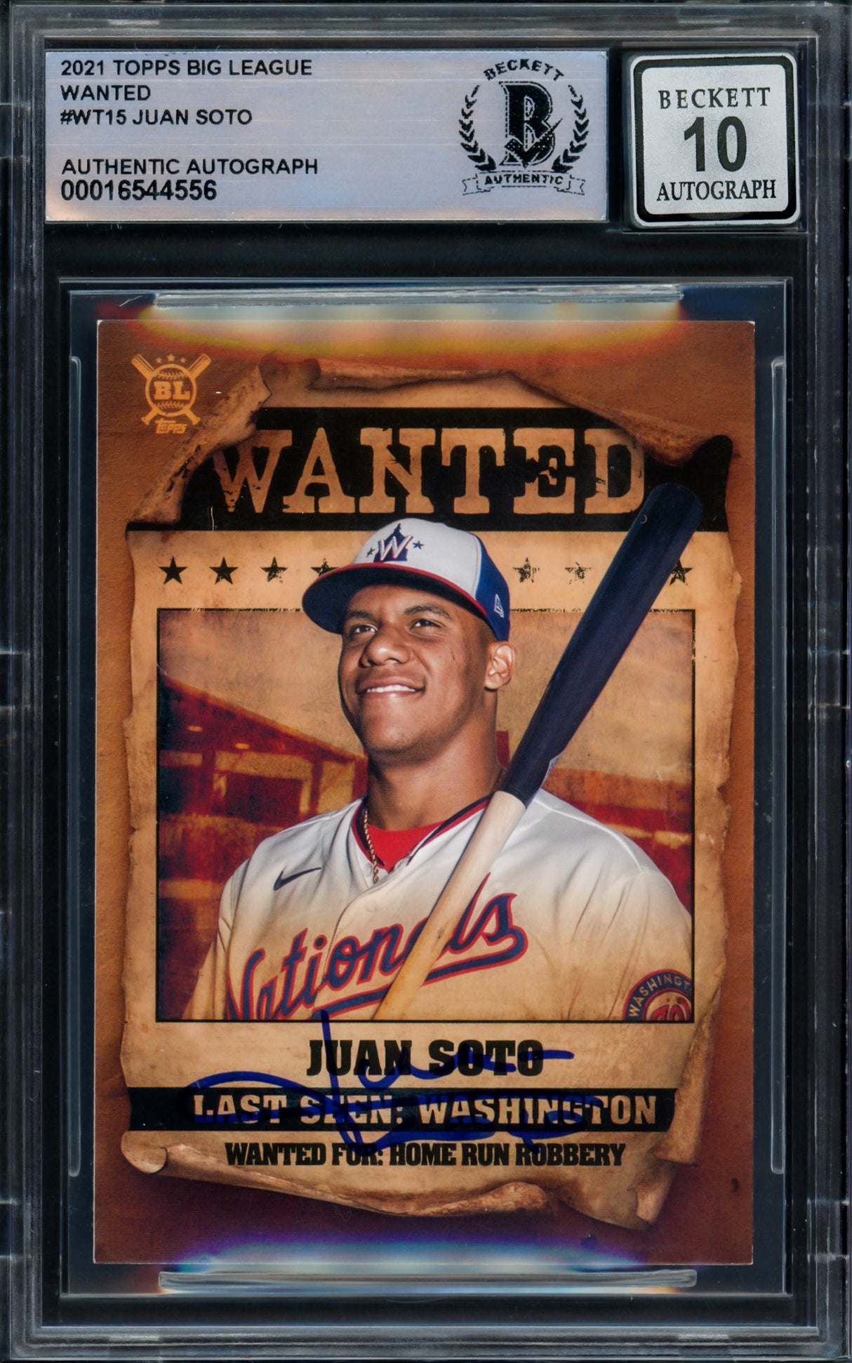 Juan Soto Autographed 2021 Topps Big League Wanted Card #WT-15 New York Yankees Auto Grade Gem Mint 10 Beckett BAS #16544556