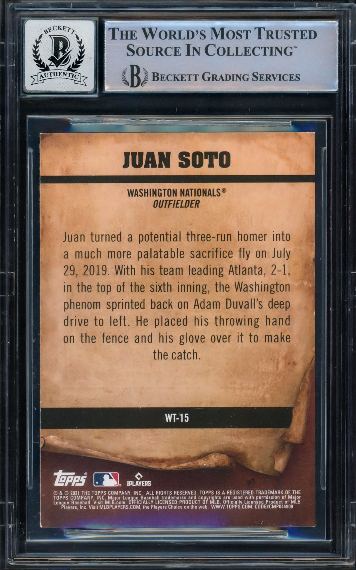 Juan Soto Autographed 2021 Topps Big League Wanted Card #WT-15 New York Yankees Auto Grade Gem Mint 10 Beckett BAS #16544556