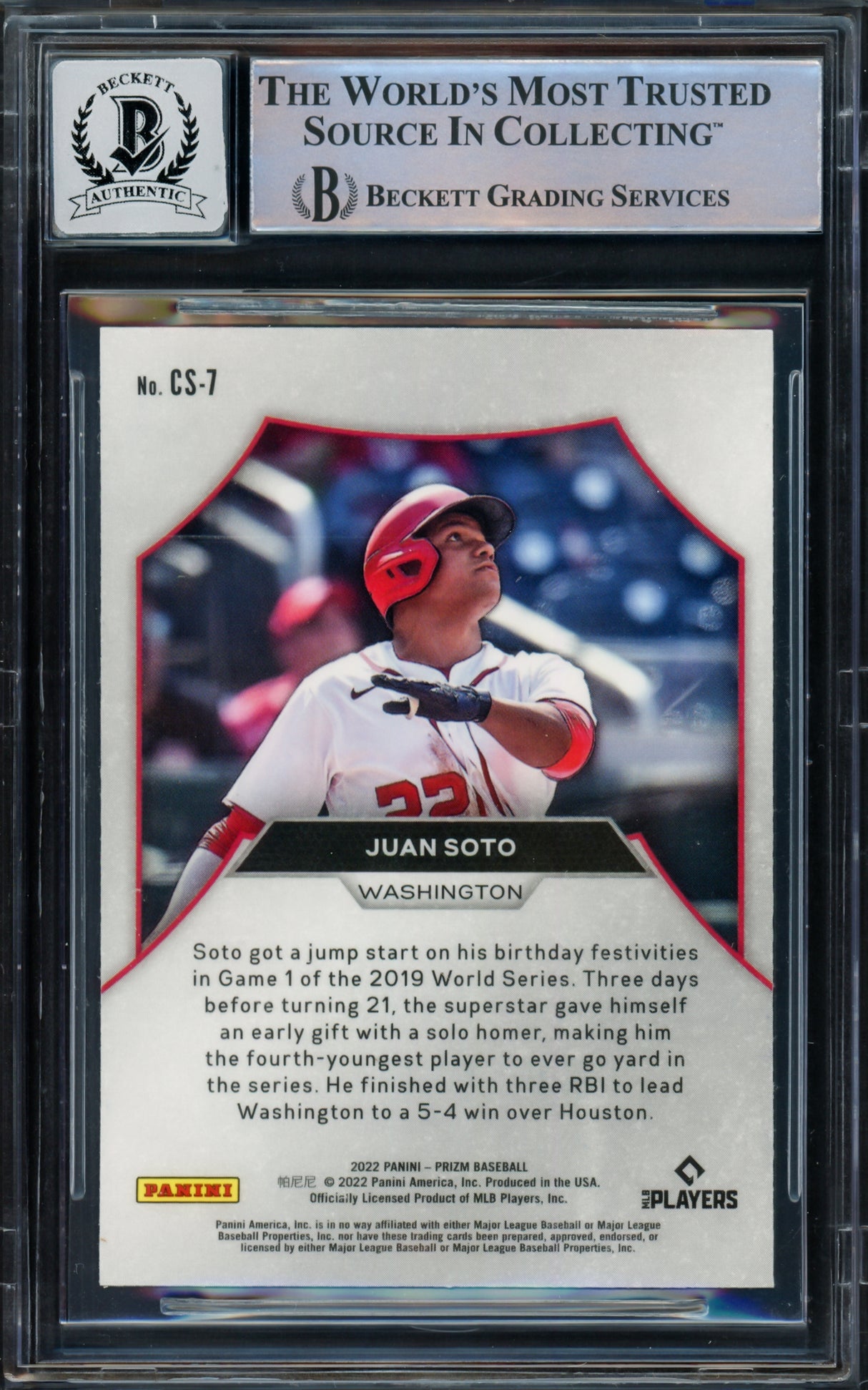 Juan Soto Autographed 2022 Prizm Championship Stage Card #CS-7 New York Mets Auto Grade Gem Mint 10 Beckett BAS #16544608