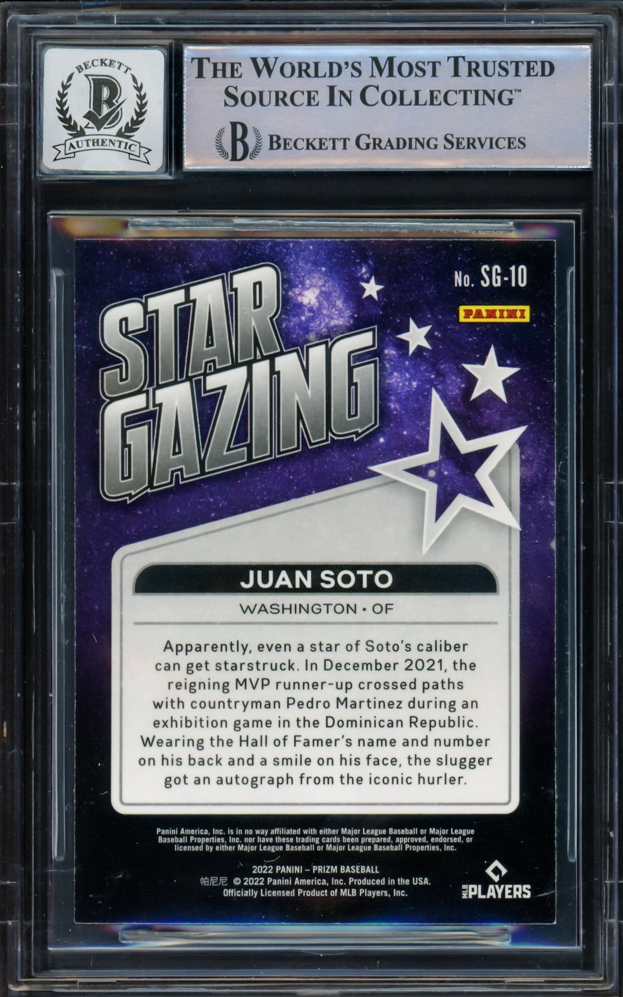 Juan Soto Autographed 2022 Prizm Star Grazing Card #SG-10 New York Mets Auto Grade Gem Mint 10 Beckett BAS #16544611