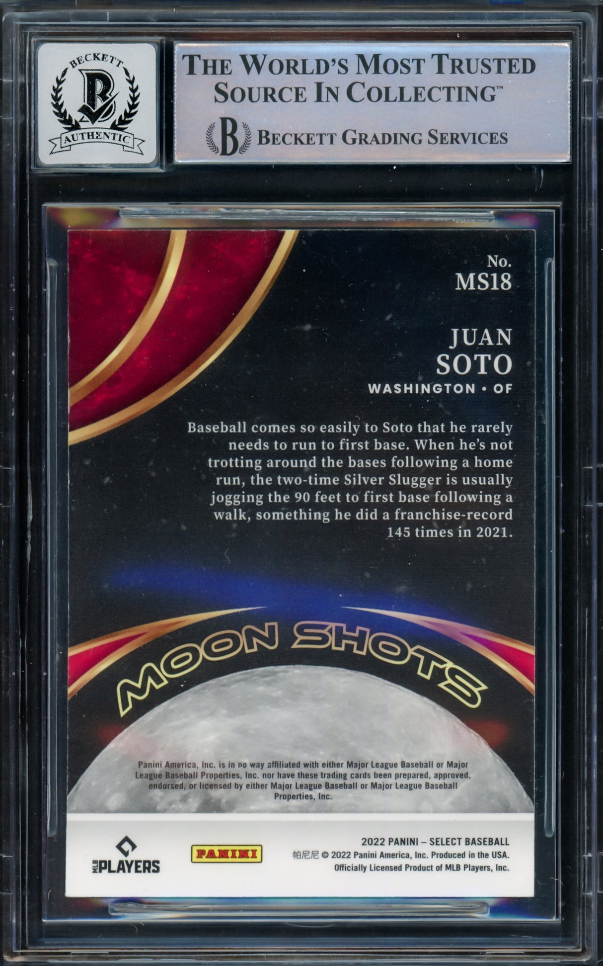 Juan Soto Autographed 2022 Select Moon Shots Card #MS18 New York Mets Auto Grade Gem Mint 10 Beckett BAS #16544627