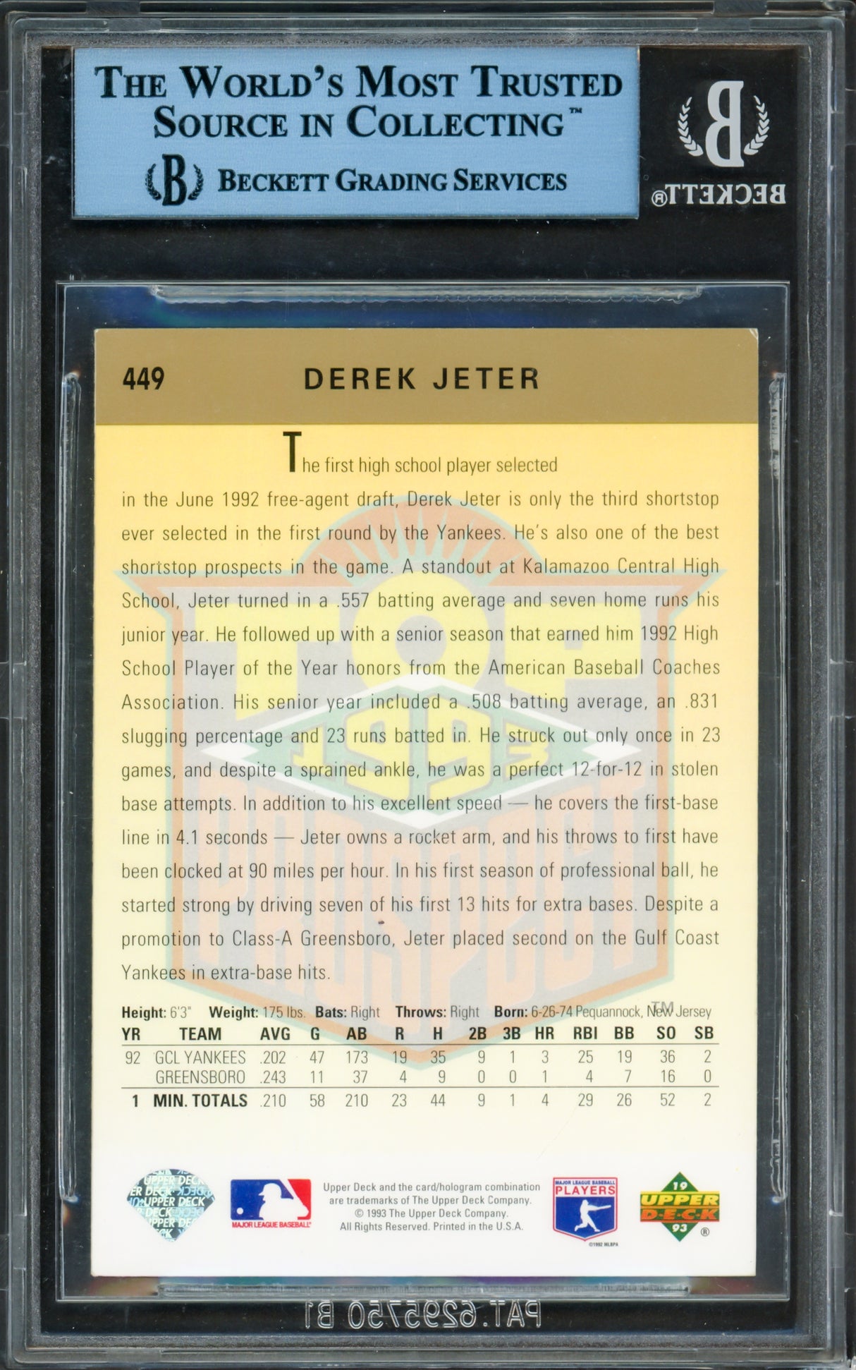 Derek Jeter Autographed 1993 Upper Deck Rookie Card #449 New York Yankees JSA #X12621