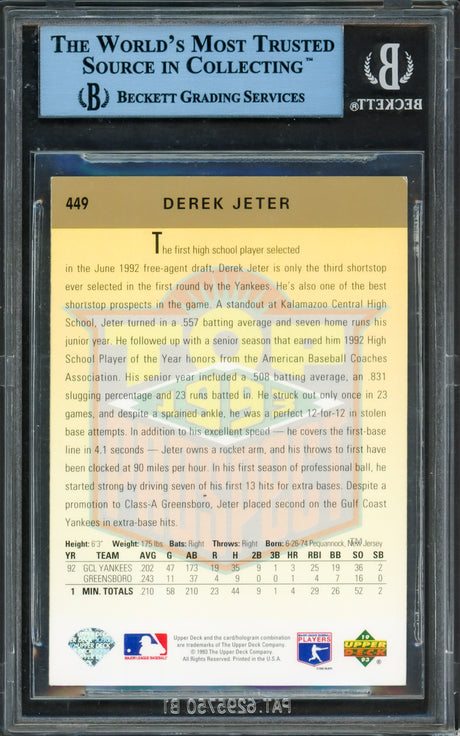 Derek Jeter Autographed 1993 Upper Deck Rookie Card #449 New York Yankees JSA #X12621