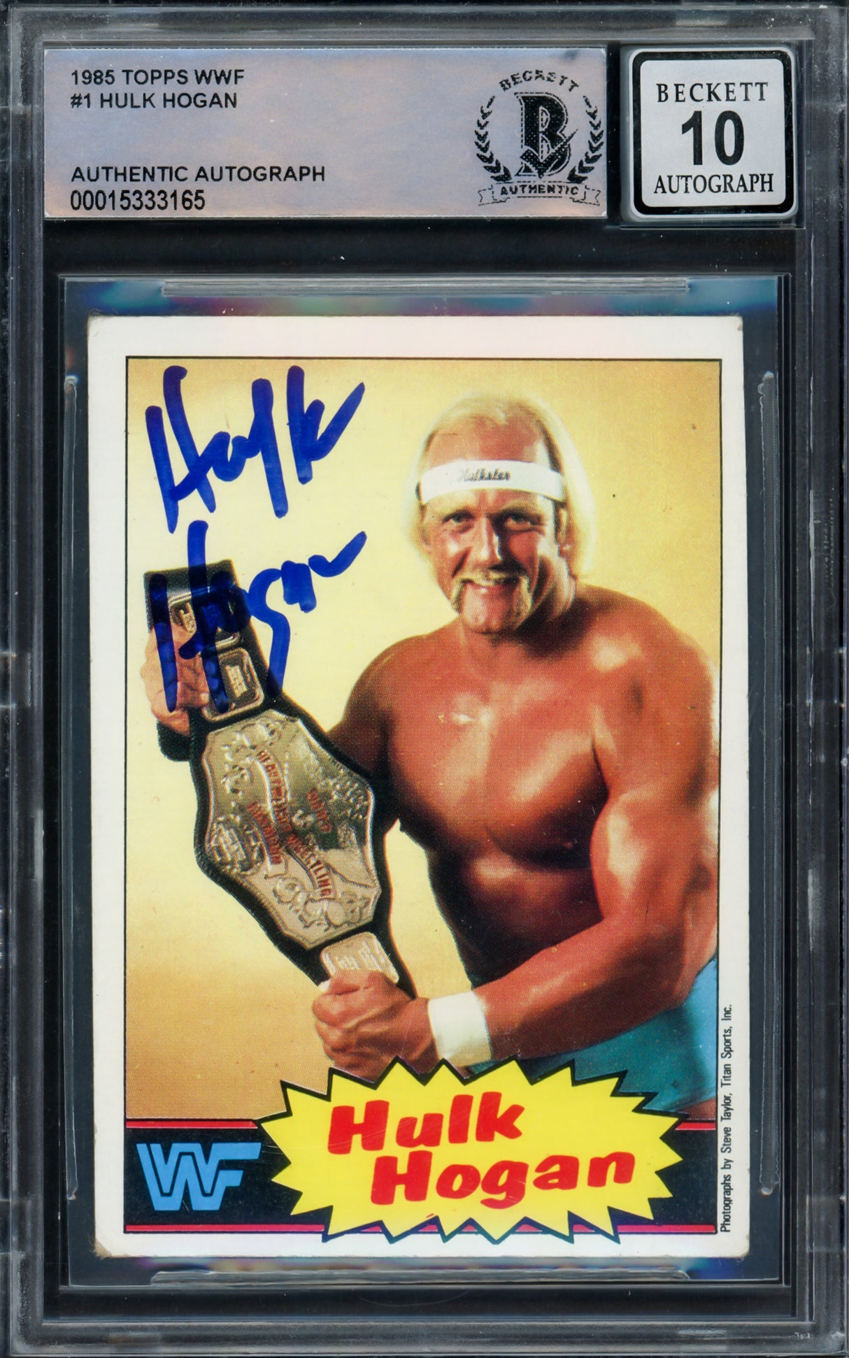 Hulk Hogan Autographed 1985 Topps WWF Yellow Rookie Card #1 Auto Grade Gem Mint 10 Beckett BAS #15333165