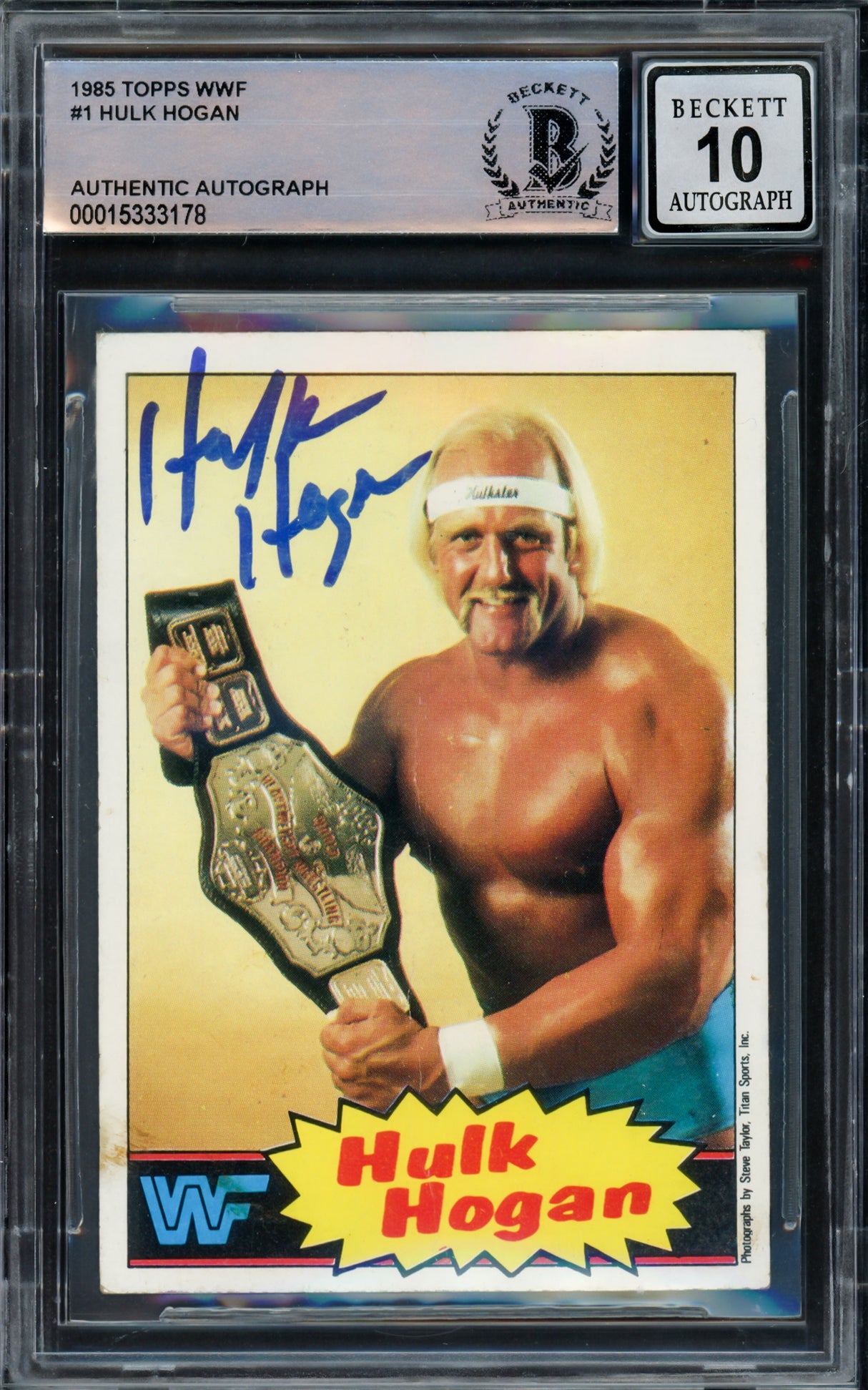 Hulk Hogan Autographed 1985 Topps WWF Yellow Rookie Card #1 Auto Grade Gem Mint 10 Beckett BAS #15333178