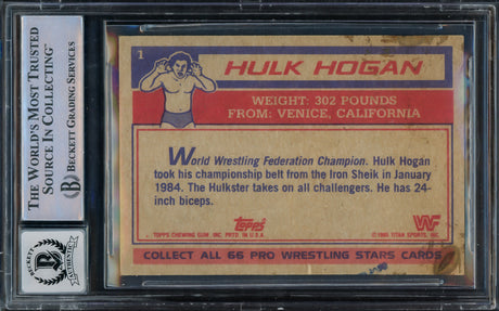 Hulk Hogan Autographed 1985 Topps WWF Yellow Rookie Card #1 Auto Grade Gem Mint 10 Beckett BAS #15333178