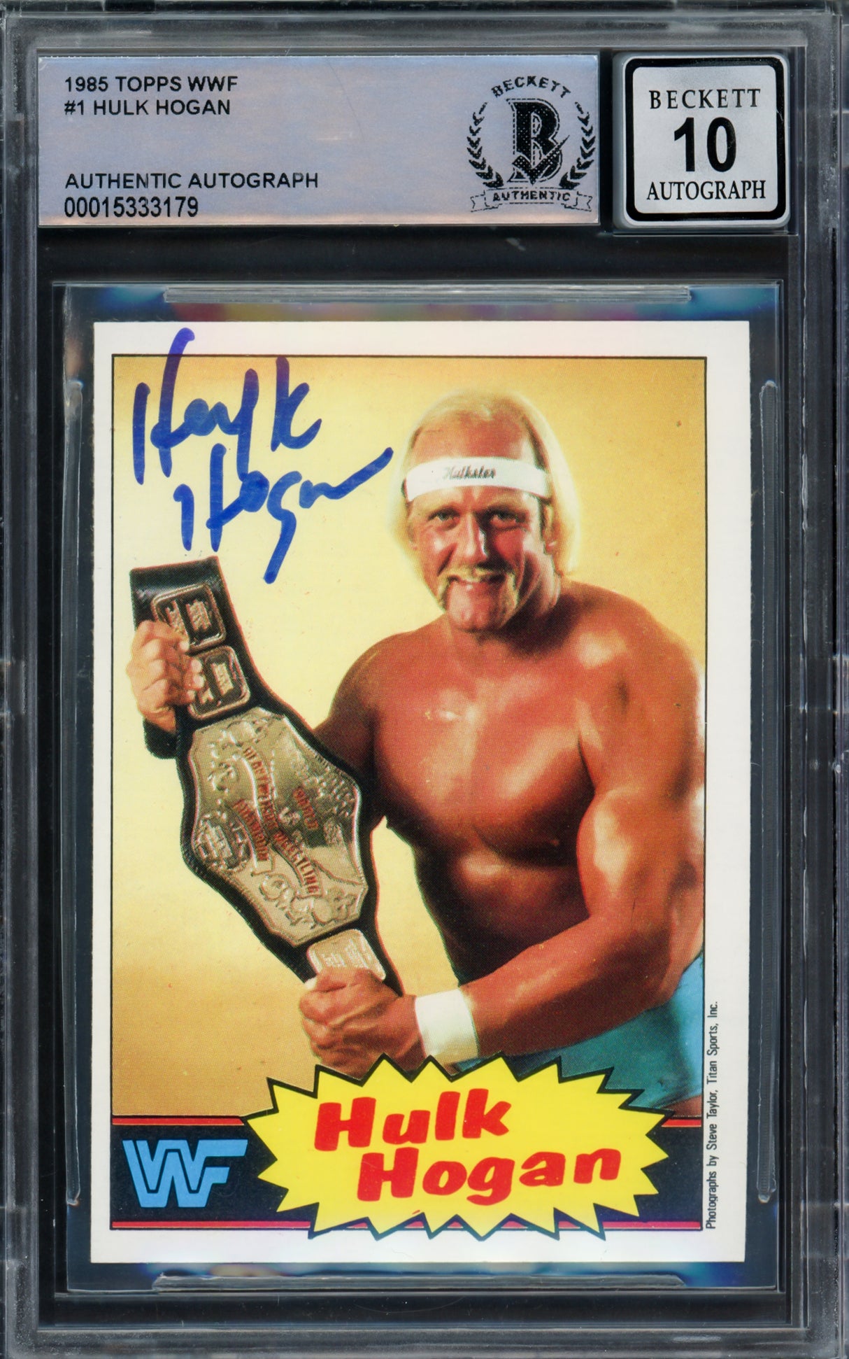 Hulk Hogan Autographed 1985 Topps WWF Yellow Rookie Card #1 Auto Grade Gem Mint 10 Beckett BAS #15333179