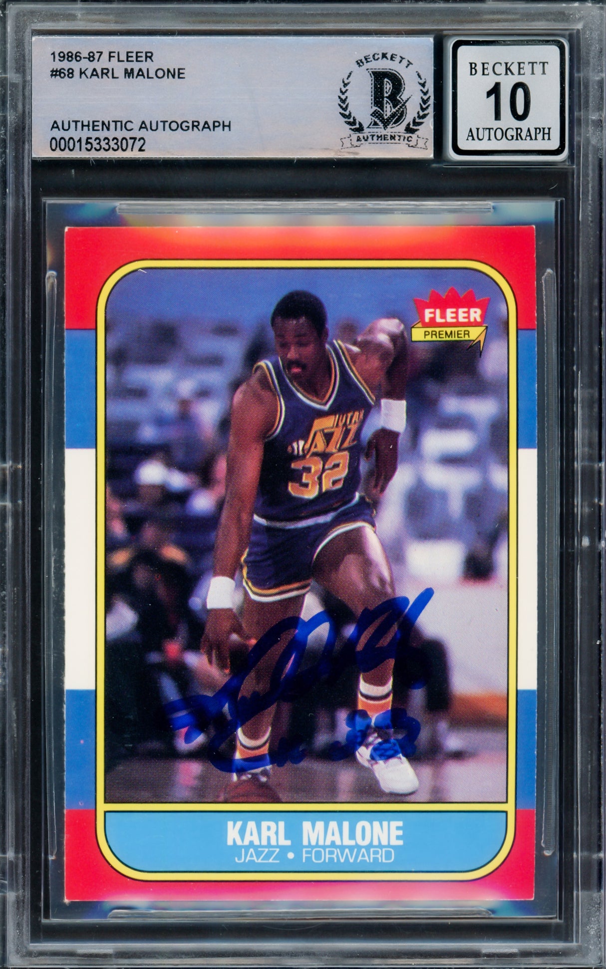 Karl Malone Autographed 1986 Fleer Rookie Card #68 Utah Jazz Auto Grade Gem Mint 10 Beckett BAS #15333072