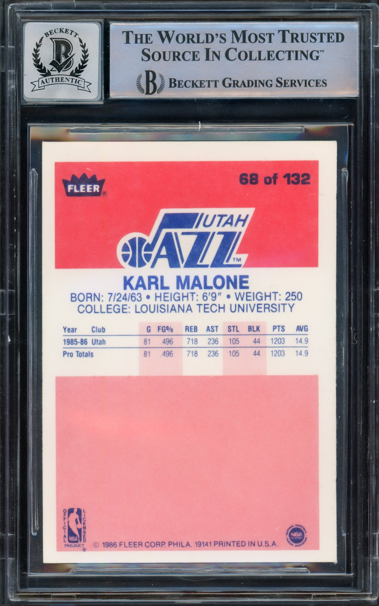 Karl Malone Autographed 1986 Fleer Rookie Card #68 Utah Jazz Auto Grade Gem Mint 10 Beckett BAS #15333072