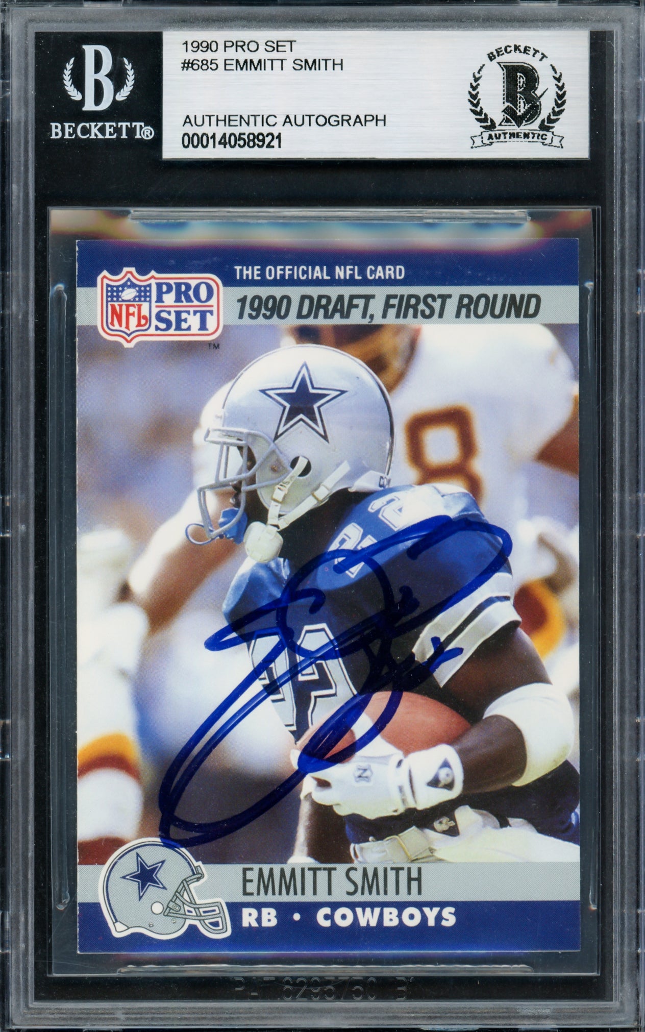Emmitt Smith Autographed 1990 Pro Set Rookie Card #685 Dallas Cowboys Beckett BAS #14058921