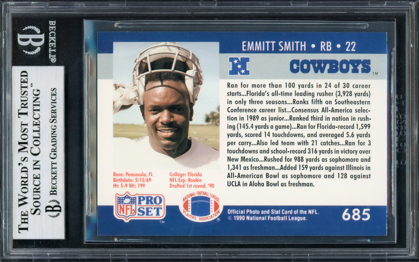 Emmitt Smith Autographed 1990 Pro Set Rookie Card #685 Dallas Cowboys Beckett BAS #14058921