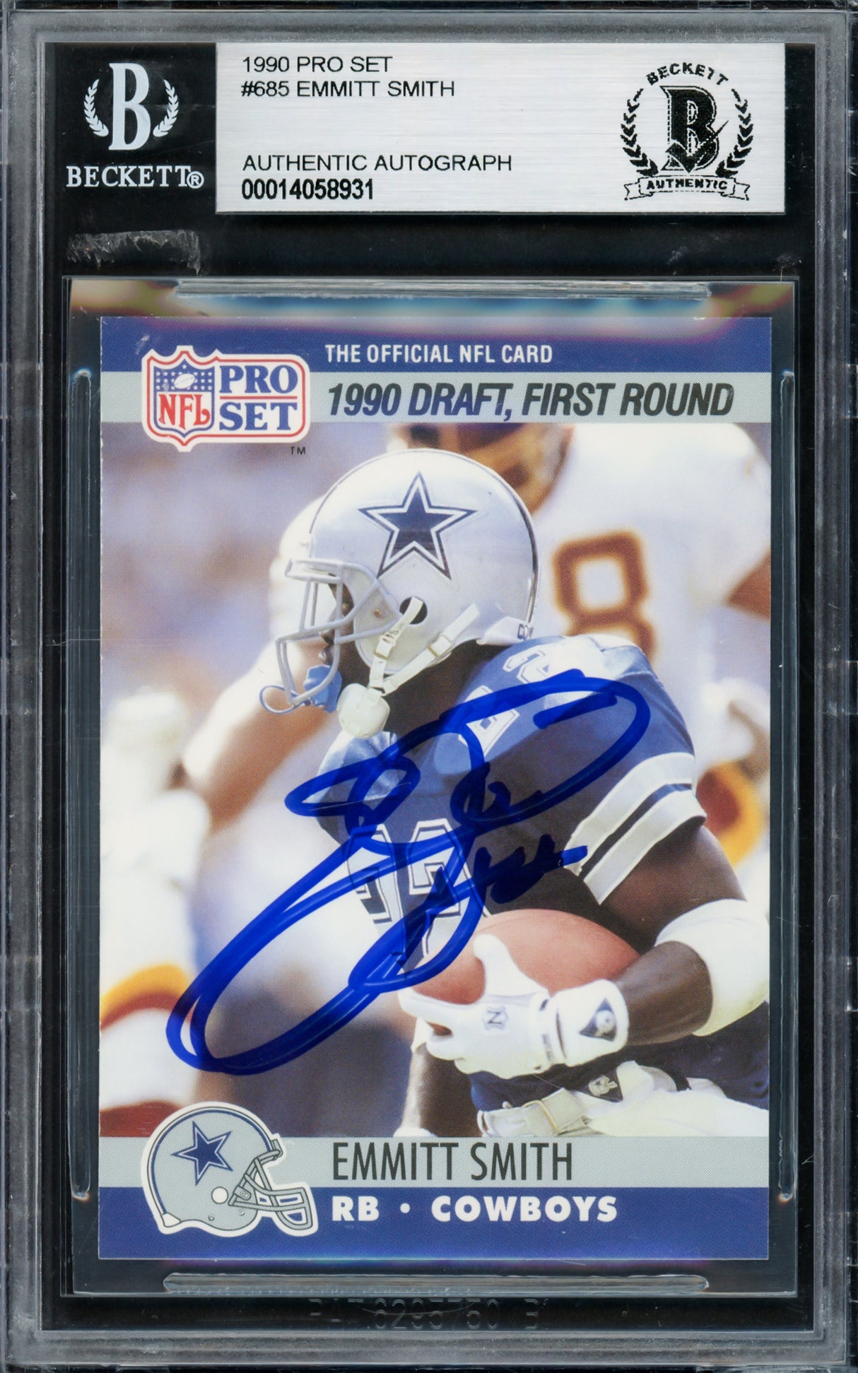 Emmitt Smith Autographed 1990 Pro Set Rookie Card #685 Dallas Cowboys Beckett BAS #14058931