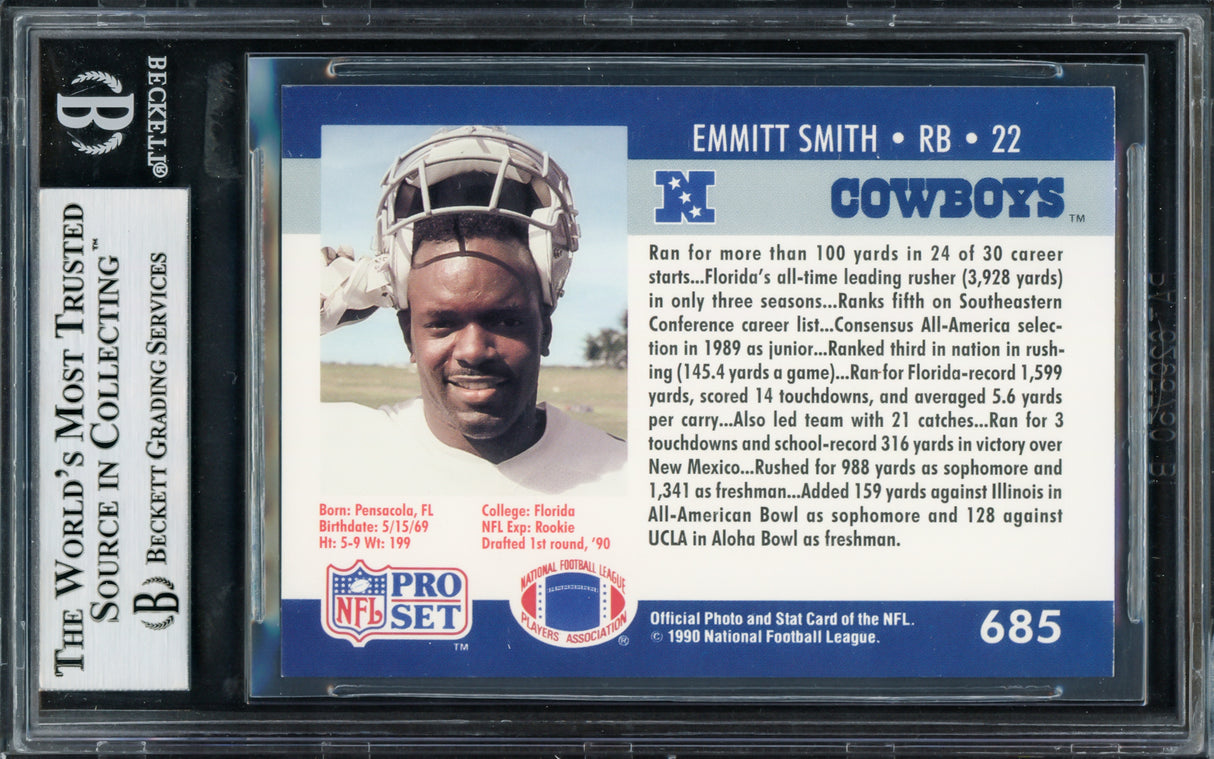 Emmitt Smith Autographed 1990 Pro Set Rookie Card #685 Dallas Cowboys Beckett BAS #14058931