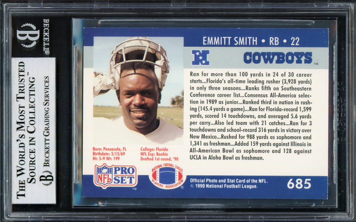 Emmitt Smith Autographed 1990 Pro Set Rookie Card #685 Dallas Cowboys Beckett BAS #14058926