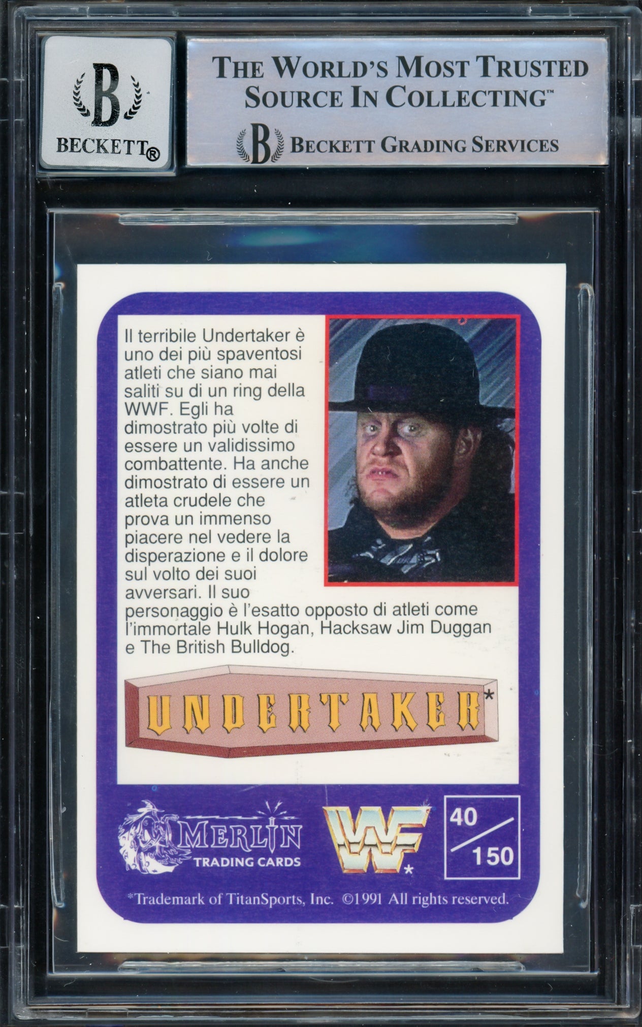 Undertaker Autographed 1991 Merlin WWF Italian Rookie Card #40 Auto Grade Gem Mint 10 Beckett BAS #15679289