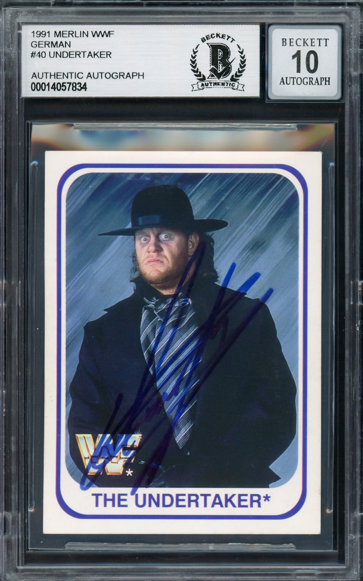 Undertaker Autographed 1991 Merlin WWF German Rookie Card #40 Auto Grade Gem Mint 10 Beckett BAS #14057834