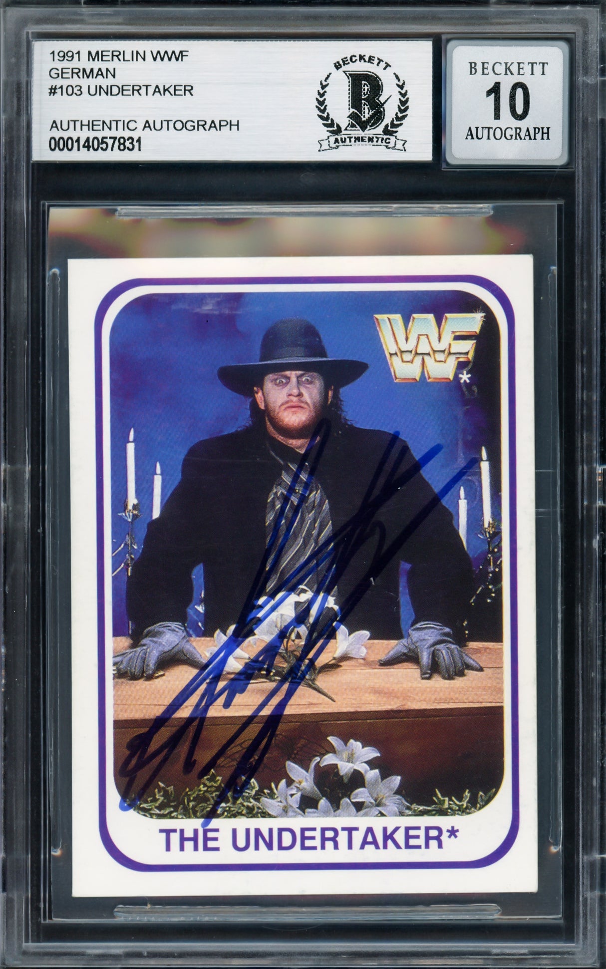 Undertaker Autographed 1991 Merlin WWF German Rookie Card #103 Auto Grade Gem Mint 10 Beckett BAS #14057831