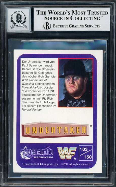 Undertaker Autographed 1991 Merlin WWF German Rookie Card #103 Auto Grade Gem Mint 10 Beckett BAS #14057831