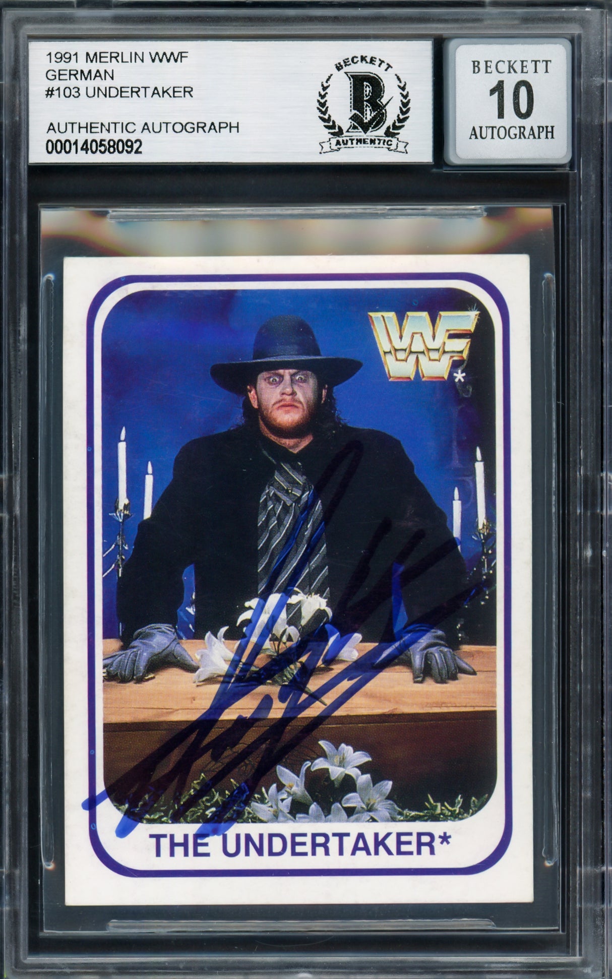 Undertaker Autographed 1991 Merlin WWF German Rookie Card #103 Auto Grade Gem Mint 10 Beckett BAS #14058092