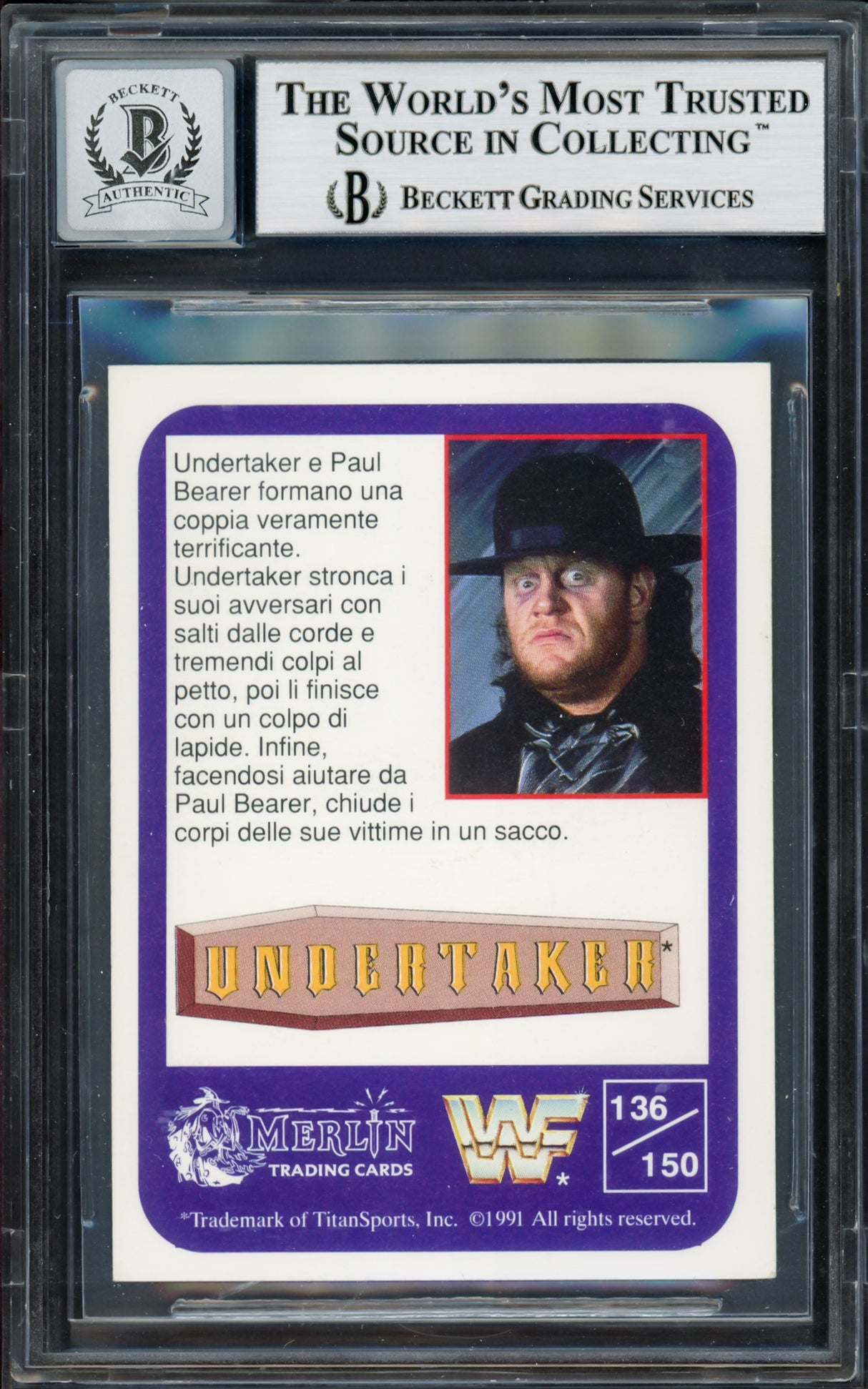 Undertaker Autographed 1991 Merlin WWF Italian Rookie Card #136 Auto Grade Gem Mint 10 Beckett BAS #14058280