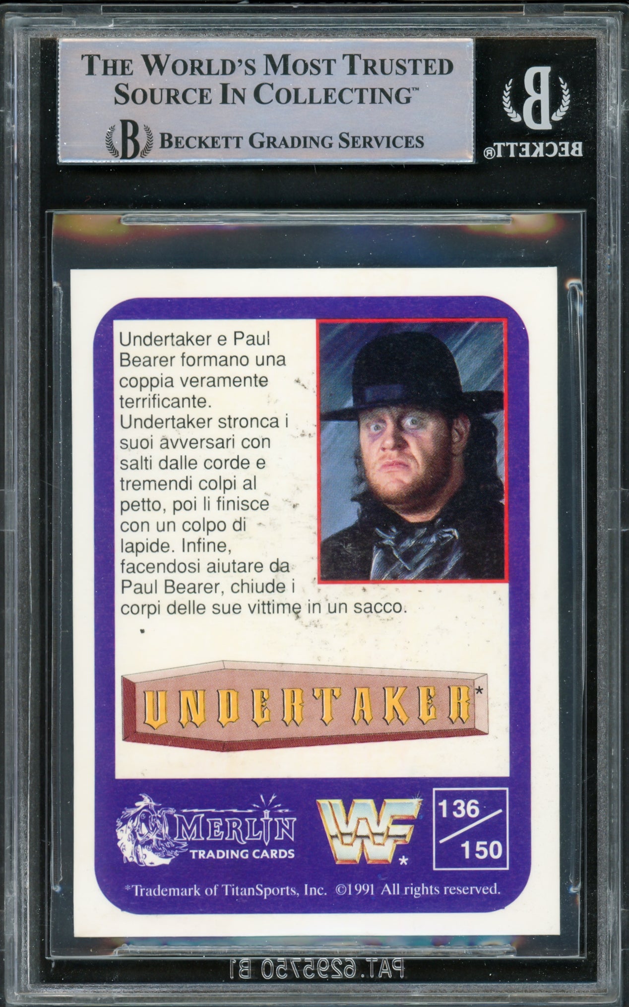 Undertaker Autographed 1991 Merlin WWF Italian Rookie Card #136 Beckett BAS #15679784