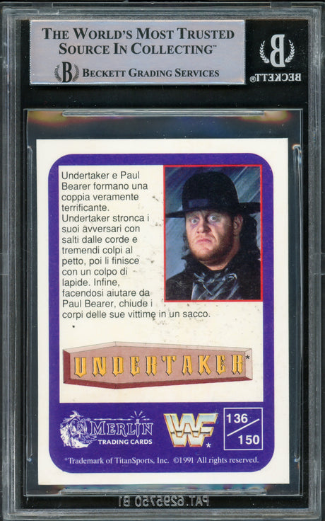 Undertaker Autographed 1991 Merlin WWF Italian Rookie Card #136 Beckett BAS #15679784