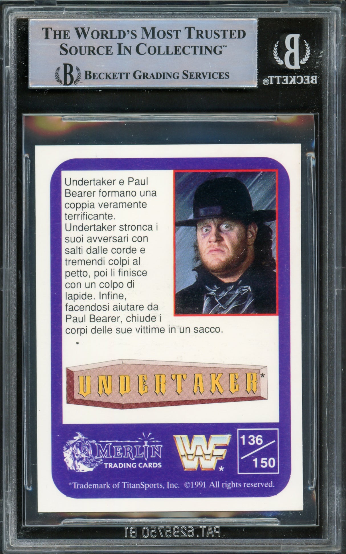 Undertaker Autographed 1991 Merlin WWF Italian Rookie Card #136 Beckett BAS #15679782
