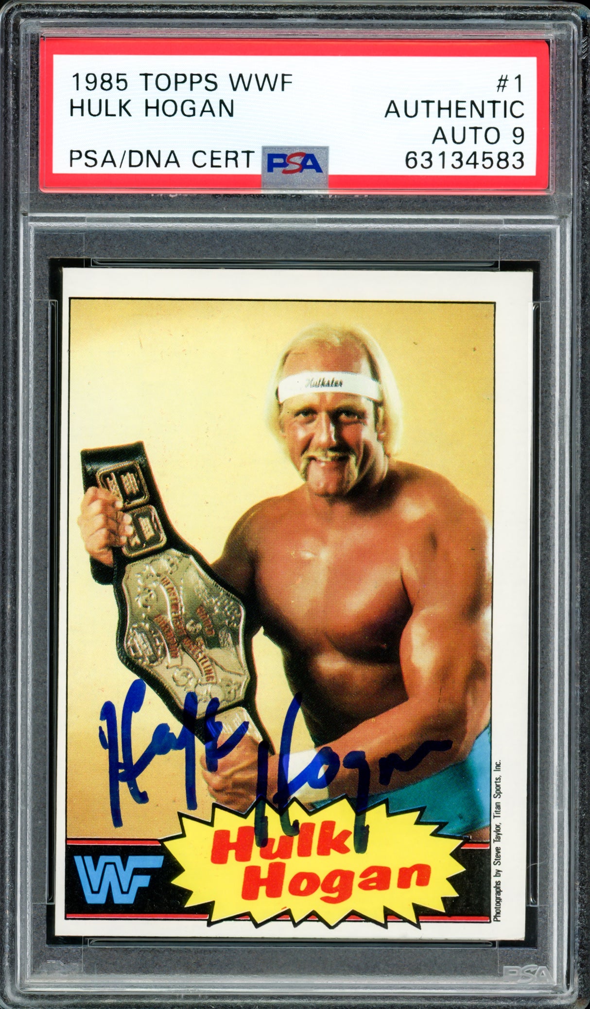 Hulk Hogan Autographed 1985 Topps WWF Yellow Rookie Card #1 Auto Grade Mint 9 PSA/DNA #63134583