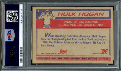 Hulk Hogan Autographed 1985 Topps WWF Yellow Rookie Card #1 Auto Grade Gem Mint 10 (Stain) PSA/DNA #63134608