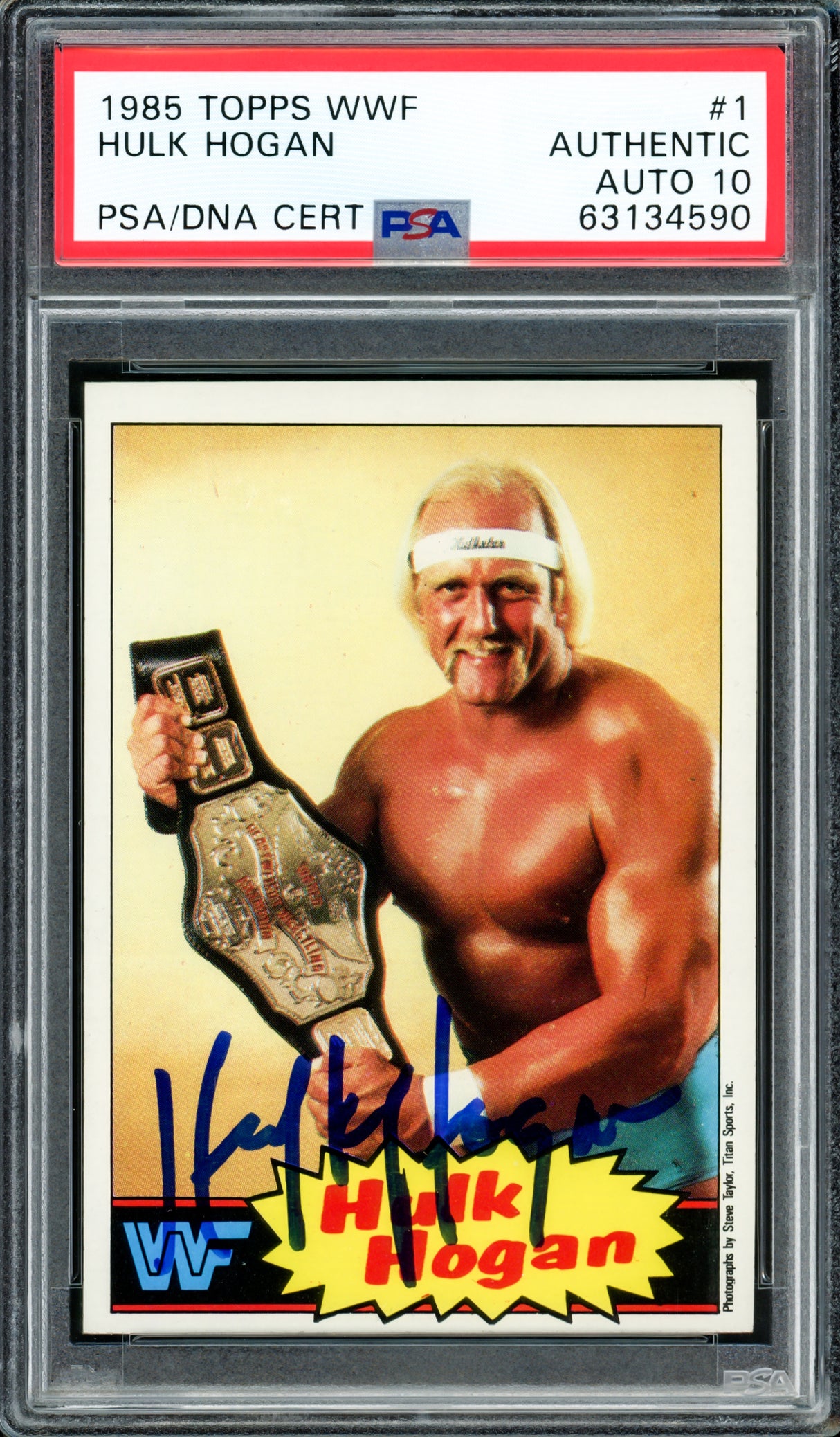 Hulk Hogan Autographed 1985 Topps WWF Yellow Rookie Card #1 Auto Grade Gem Mint 10 PSA/DNA Stock #232827