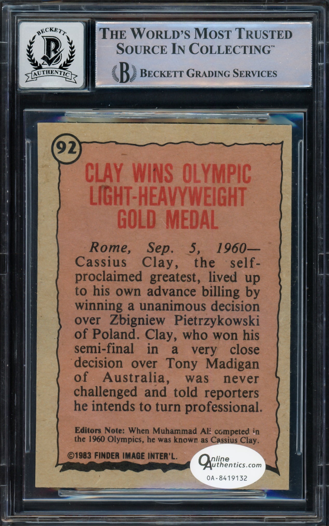 Muhammad Ali Cassius Clay Autographed 1983 Topps Olympians Card #92 Auto Grade Gem Mint 10 Beckett BAS #16541775