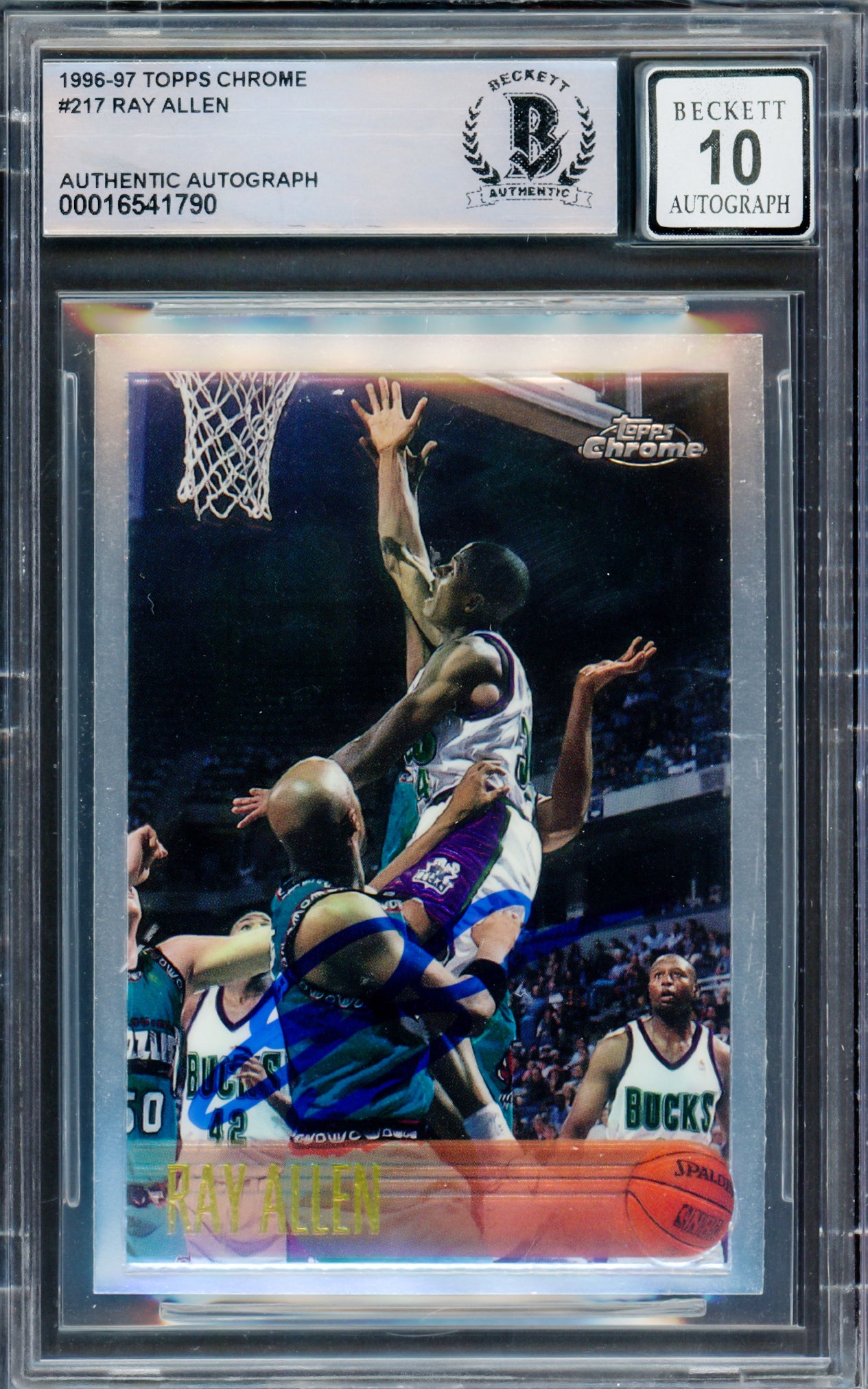 Ray Allen Autographed 1996 Topps Chrome Rookie Card #217 Milwaukee Bucks Auto Grade Gem Mint 10 Beckett BAS #16541790